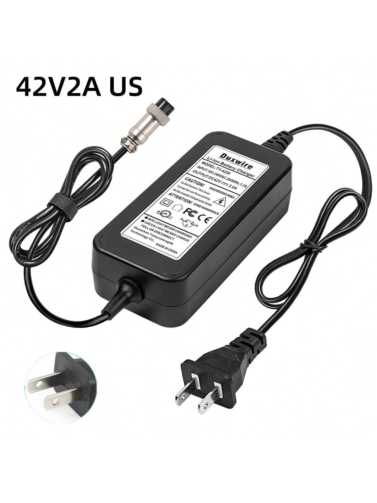Duxwire 1pc 42v2a Black Charger With Us Plug, Aviation M12 Plug, Constant Voltage & Current Protection, Durable & Fire-resistant Pc Material, Compatible With 36v Battery Pack, Scooters, Electric Tricycles, Unicycles, Skateboards, Lithium Battery