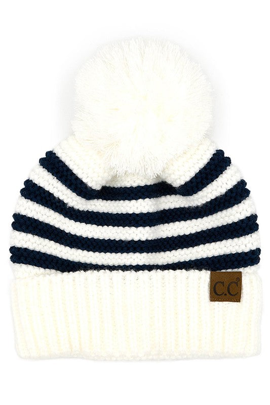 C.C. Stripe Beanie Hat with Pom