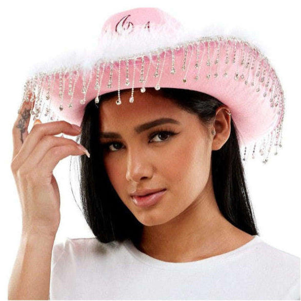 Flaming Rhinestone Fringe Cowboy Hat w/ Feathers