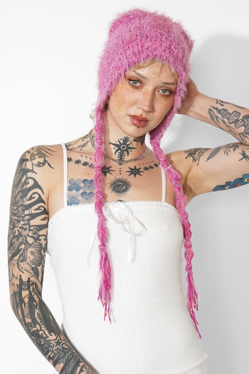 Peluche Knit Hood Beanie - Pink