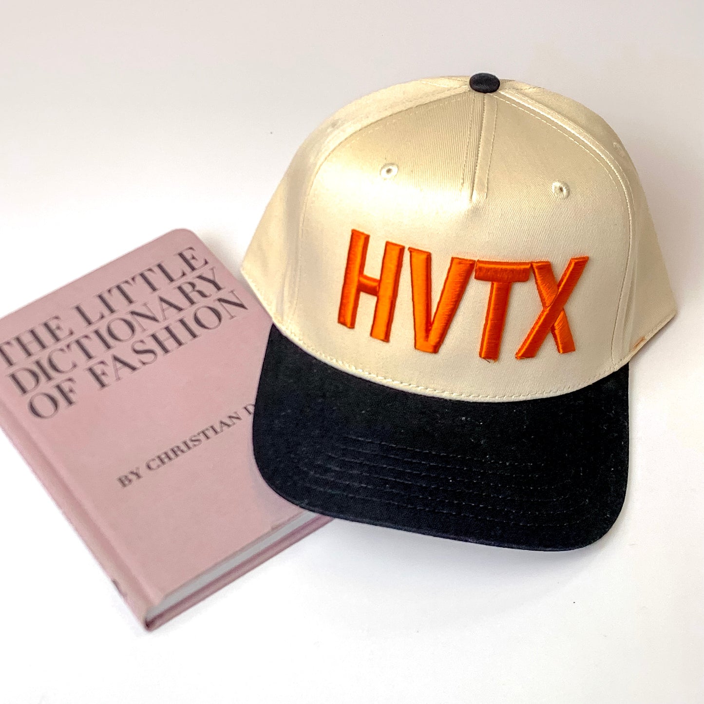 HVTX Cream and Black Trucker Hat with Orange Embroidered Puff Lettering