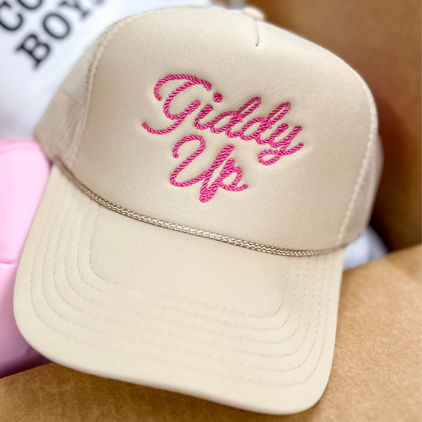 Giddy Up Foam Trucker Hat in Tan