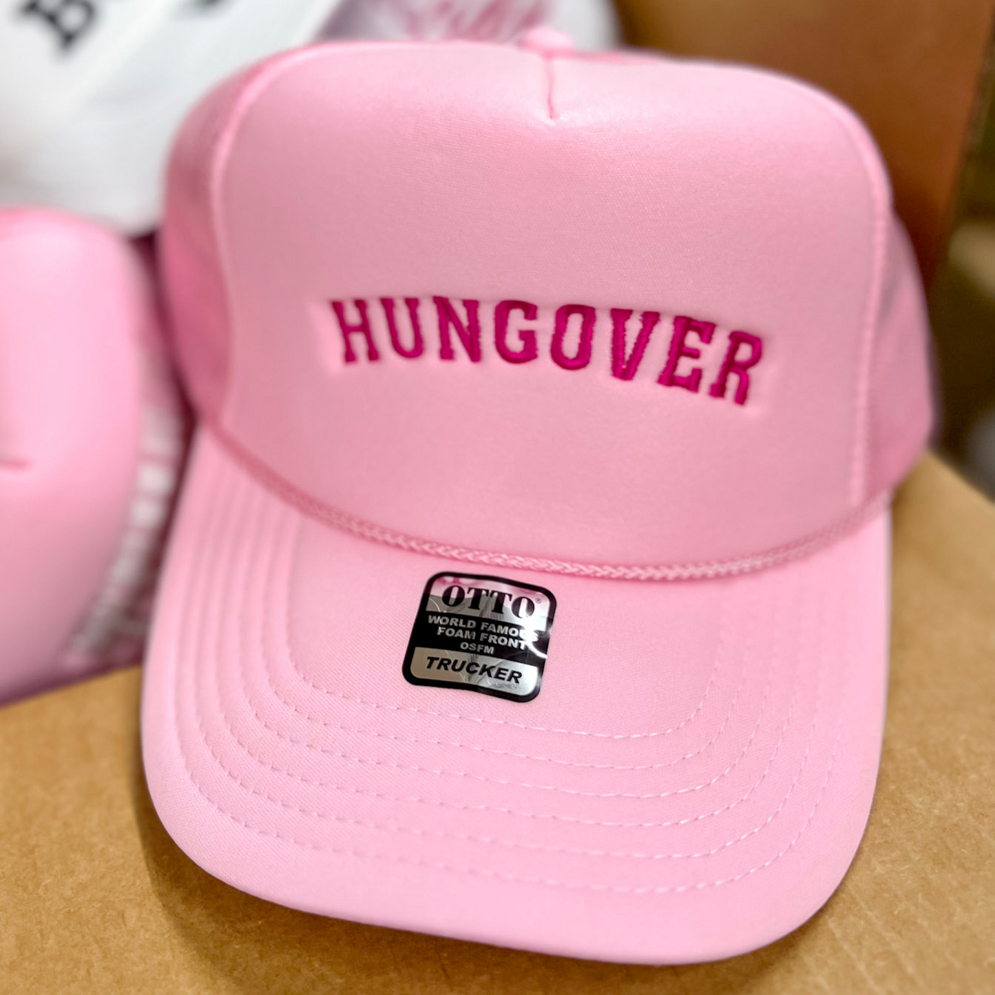 Hungover Foam Trucker Hat in Light Pink