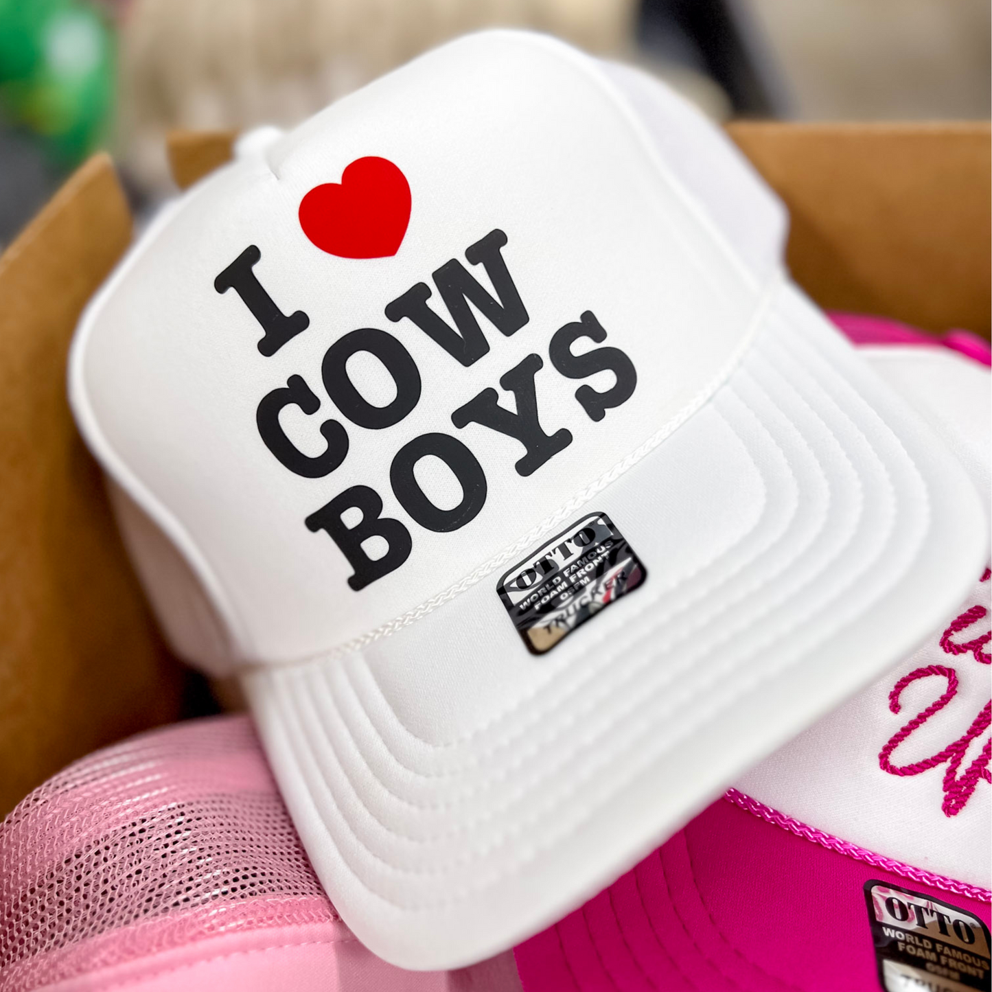 I Heart Cowboys Foam Trucker Hat in White