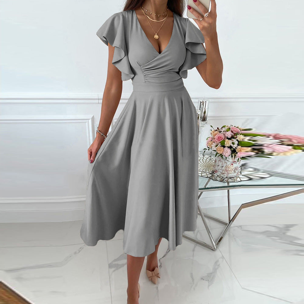 Ruffled Short Sleeves V-neck Midi Skirt