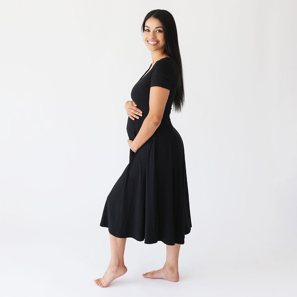 Black Ribbed Women's Scoop Midi Dress
