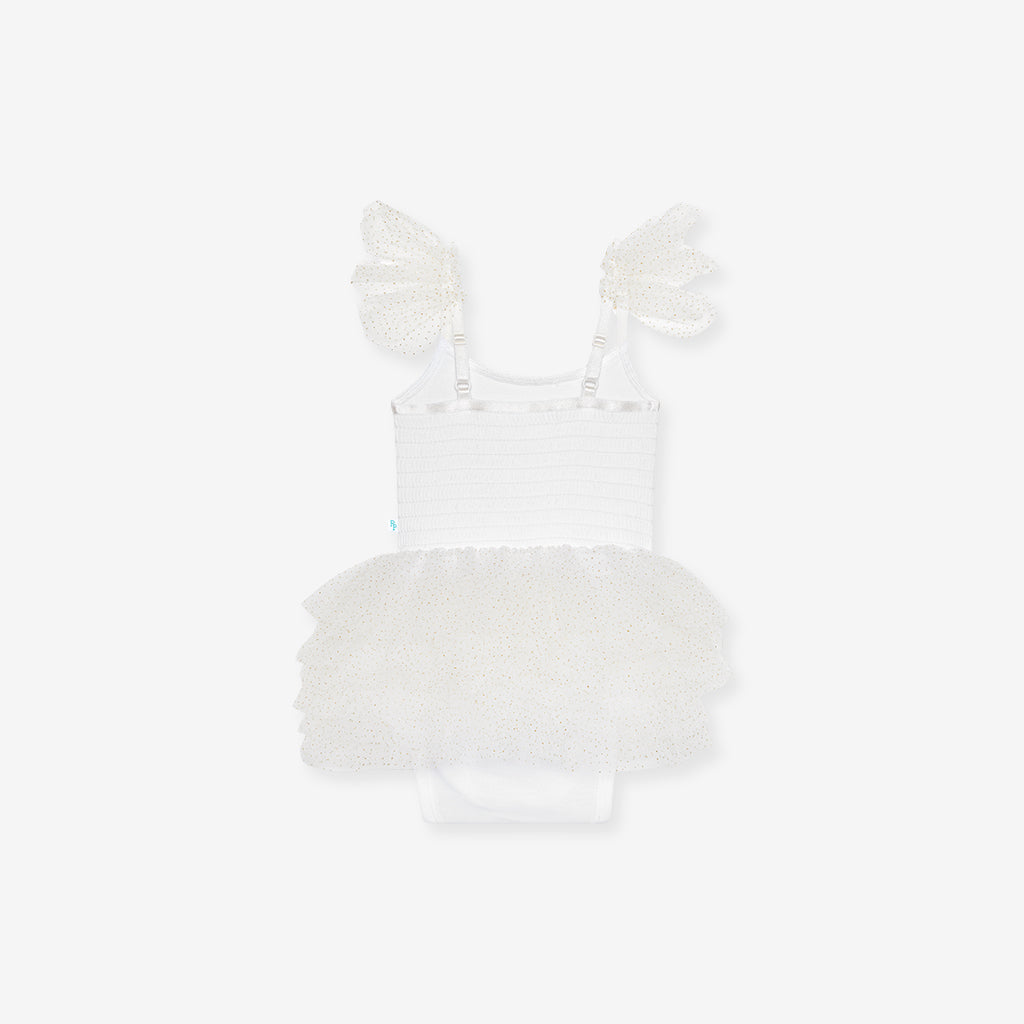 White Tulle Smocked Bodysuit Dress