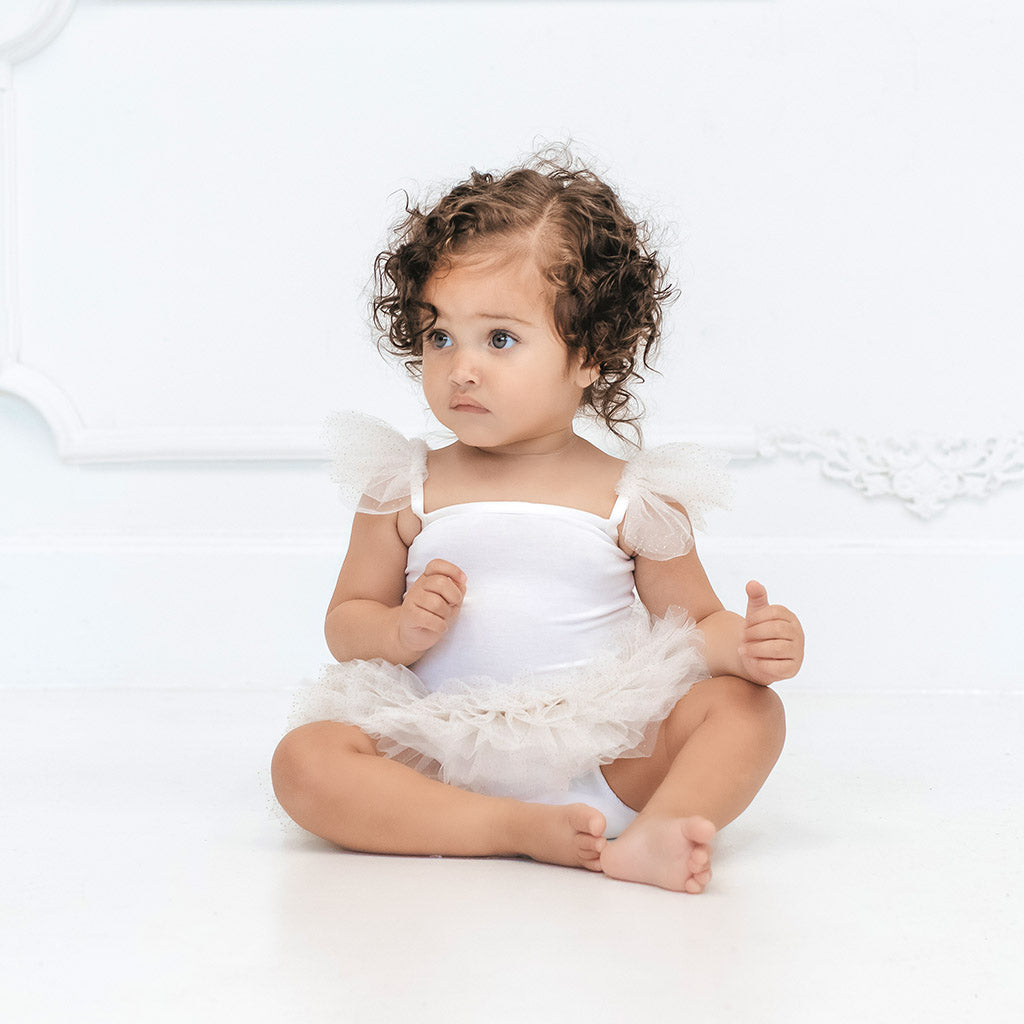 White Tulle Smocked Bodysuit Dress