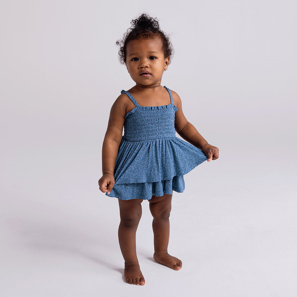 Indigo Denim Smocked Tiered Bodysuit Dress