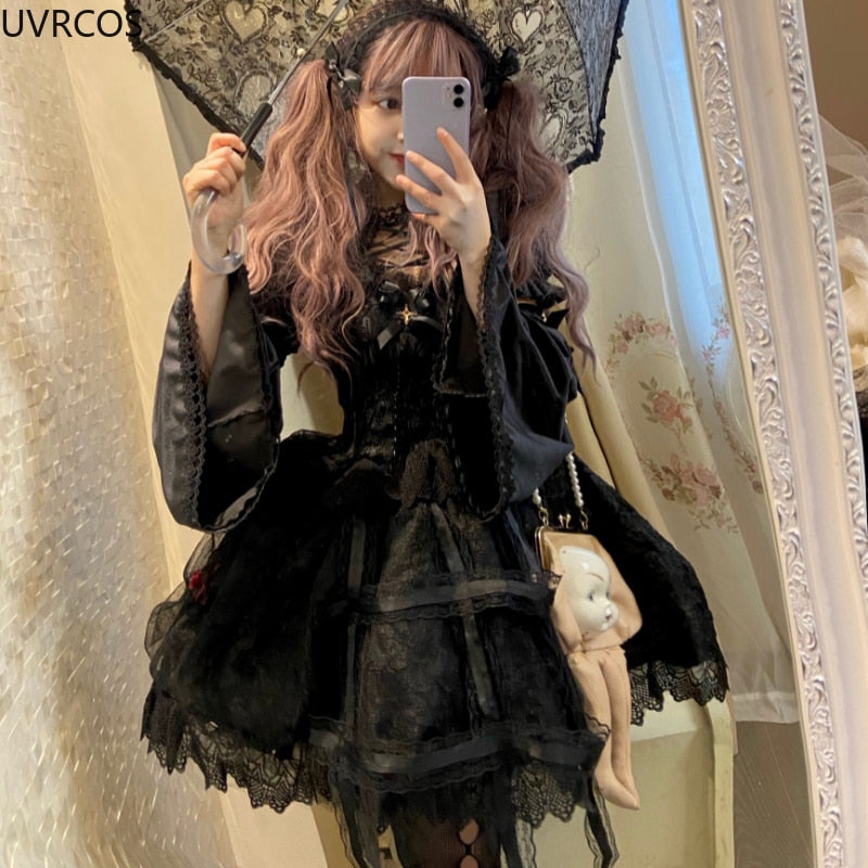 Victorian Gothic Dress Vintage Girl Sweet Lace Rose Elegant Dresses Women Dark Slip Dress