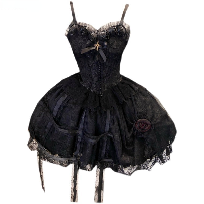 Victorian Gothic Dress Vintage Girl Sweet Lace Rose Elegant Dresses Women Dark Slip Dress