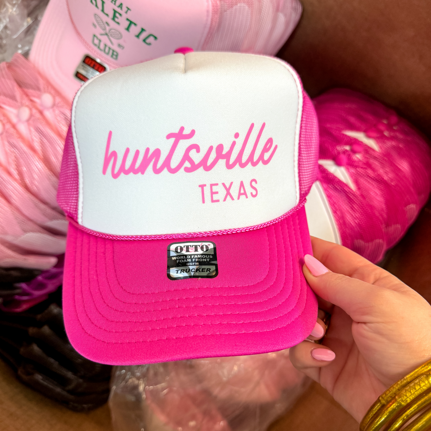 Huntsville Texas Foam Trucker Hat in Hot Pink and White