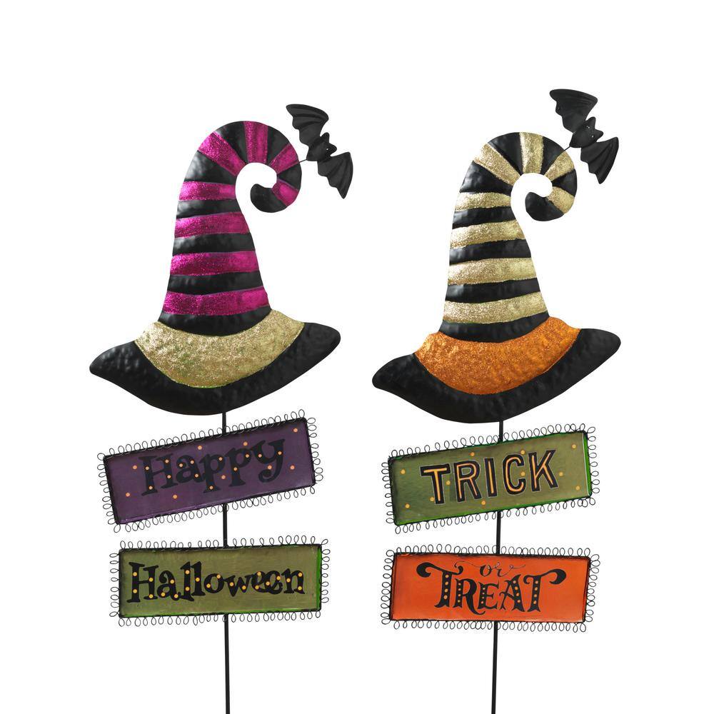 GERSON INTERNATIONAL 37 in. Metal Witch's Hats with Halloween Signs Yard Stake (Set of 2)