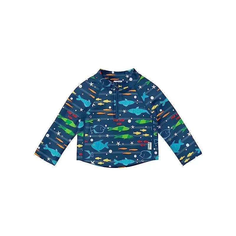 Green Sprouts - Baby Boys Long Sleeve Zip Rashguard Shirt, Navy Fish