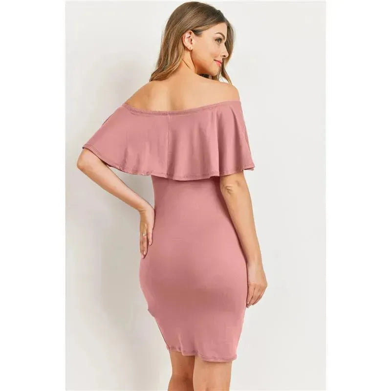 Hello Miz - Off Shoulder Ruffled Maternity Mini Dress, Mauve