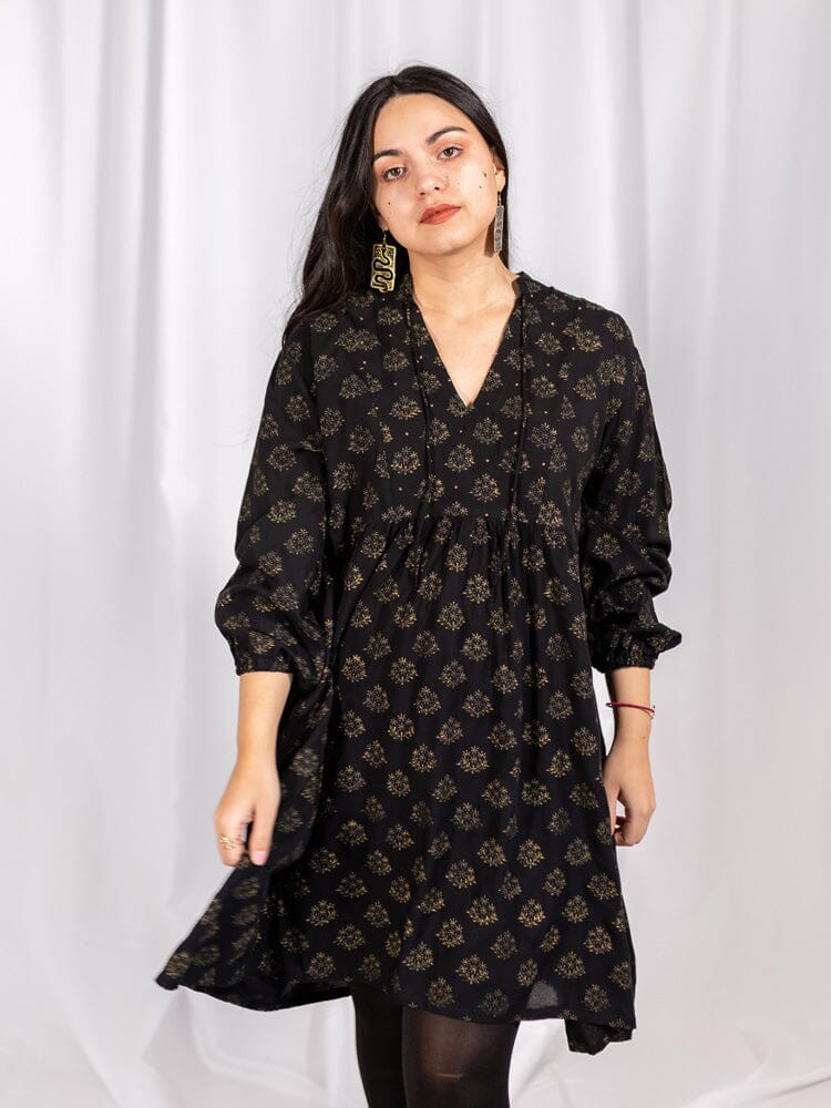 Mata Traders Sohla Mini Dress Floral Stamp Black Dresses Mata Traders