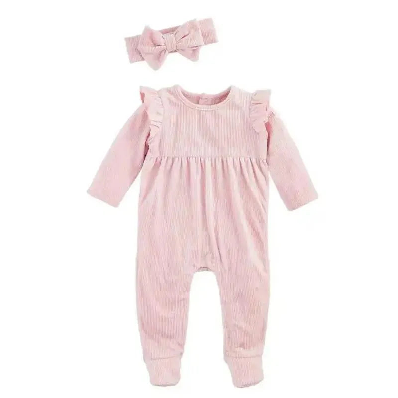 Mud Pie - Baby Girl Pink Velour Sleeper & Headband Set