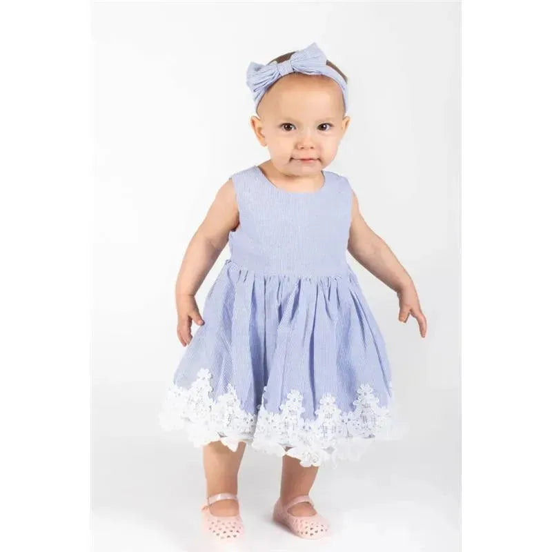 Popatu - Baby Girls Blue Stripes Lace Trim Dress