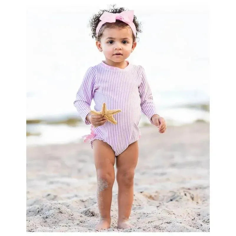 RuffleButts - Baby Girl Seersucker One Piece Rash Guard, Lilac