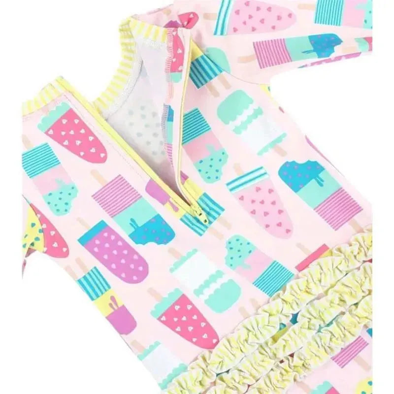 RuffleButts - Baby Girl Social One Piece Rash Guard, Ice Cream