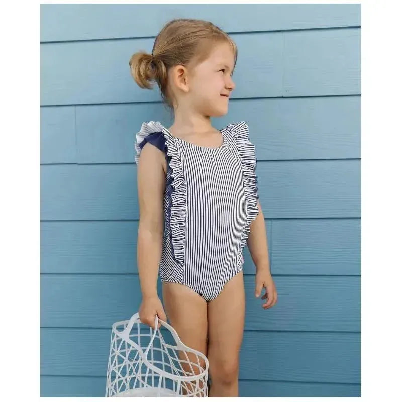 RuffleButts - Baby Girl Stripe Waterfall One Piece, Navy