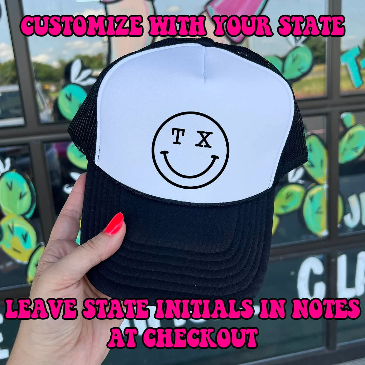 Online Exclusive | Smile with TX Eyes Foam Trucker Cap in Black and White