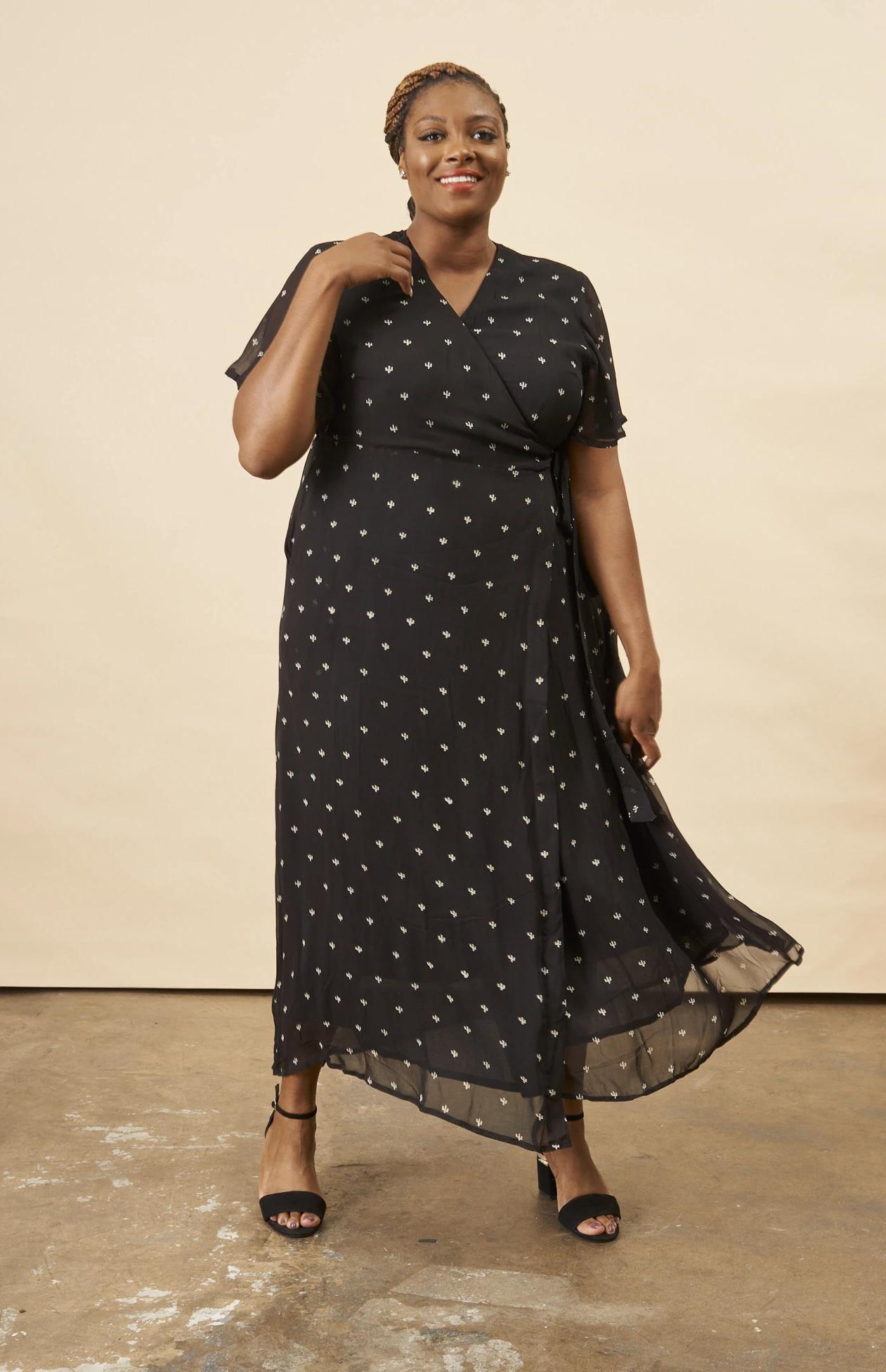 Baby Cacti Butterfly Sleeve Maxi Dress - Black + Cream