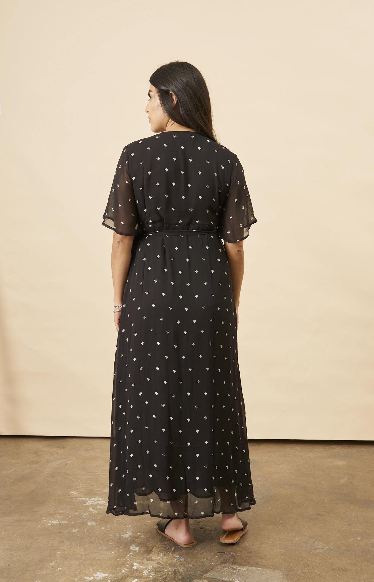 Baby Cacti Butterfly Sleeve Maxi Dress - Black + Cream