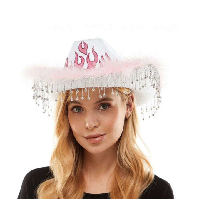 Flaming Rhinestone Fringe Cowboy Hat w/ Feathers