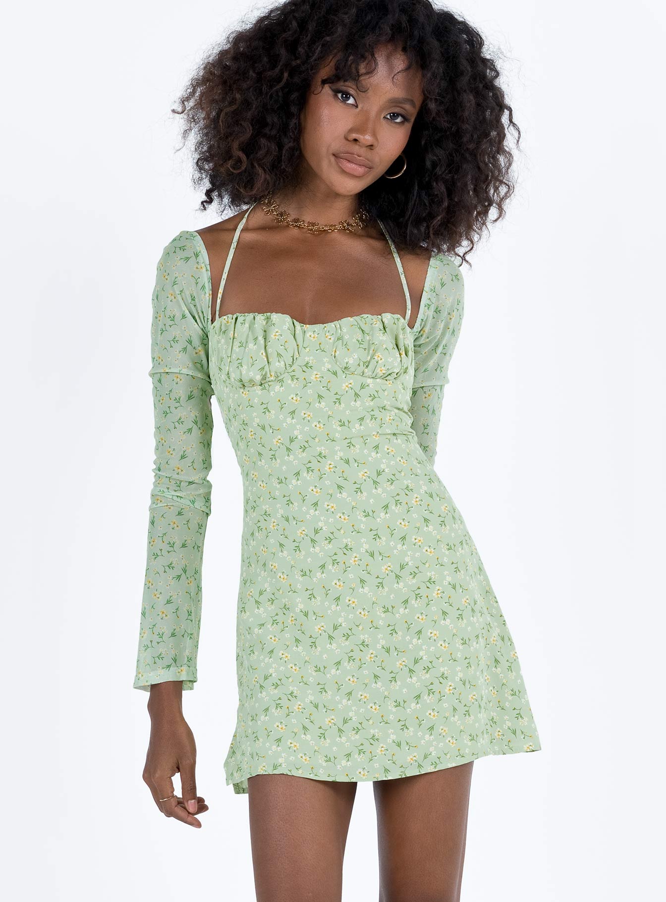 Dyer Sheer Sleeve Mini Dress Green Floral