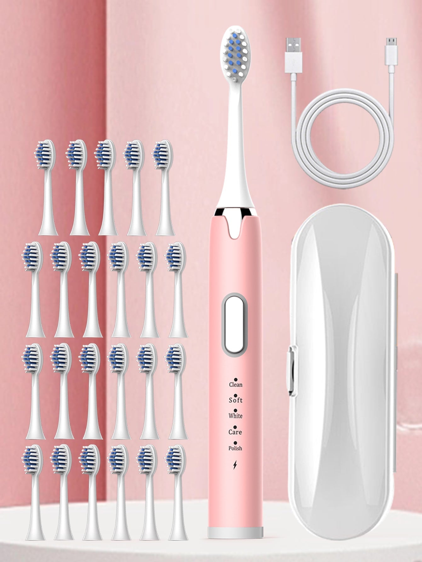 Adult Electric Toothbrush Model Charging - A1 Pink Travel Case (with 24 Brush Heads) Soft Bristles Men's & Women's Household Electric Toothbrush Replaceable Brush Head, Cleaning Oral Cavity Without Dead Angle, Waterproof Level Ipx7, Intelligent