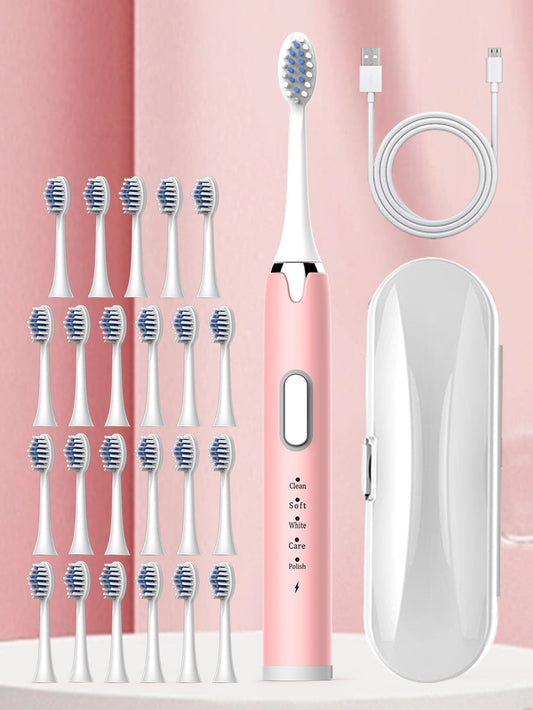 Adult Electric Toothbrush Model Charging - A1 Pink Travel Case (with 24 Brush Heads) Soft Bristles Men's & Women's Household Electric Toothbrush Replaceable Brush Head, Cleaning Oral Cavity Without Dead Angle, Waterproof Level Ipx7, Intelligent