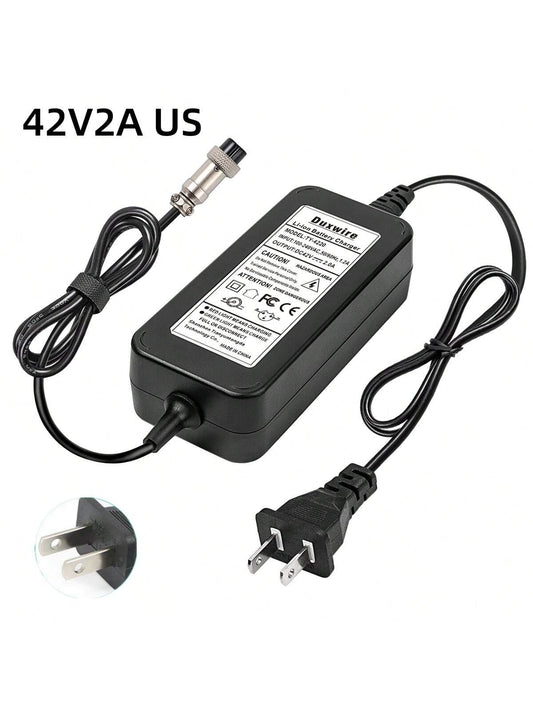 Duxwire 1pc 42v2a Black Charger With Us Plug, Aviation M12 Plug, Constant Voltage & Current Protection, Durable & Fire-resistant Pc Material, Compatible With 36v Battery Pack, Scooters, Electric Tricycles, Unicycles, Skateboards, Lithium Battery