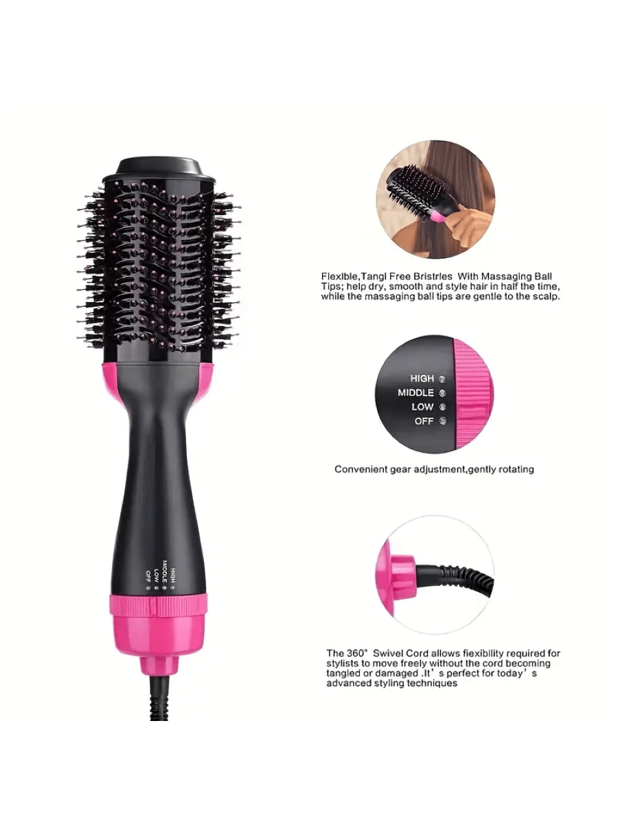3in1 Hot Air Brush And Curling Iron With Multiple Heat Settings And Indicator Light, Styling Tool For Hair Straightening And Drying
