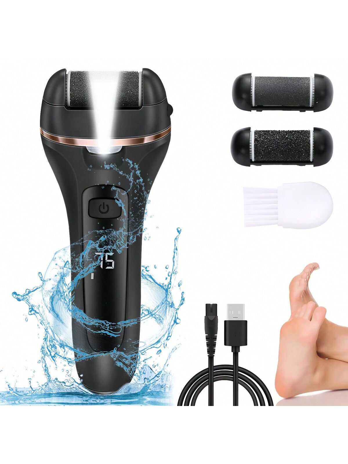 1pc Usb Charging Electric Foot File With 2 Speeds, Led Light, Digital Display And Pressure Lock Function. Comes With 2 Replacement Rollers And 1 Cleaning Brush For Daily Foot Care Use.