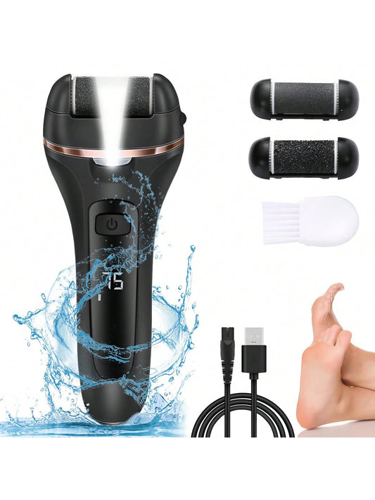 1pc Usb Charging Electric Foot File With 2 Speeds, Led Light, Digital Display And Pressure Lock Function. Comes With 2 Replacement Rollers And 1 Cleaning Brush For Daily Foot Care Use.