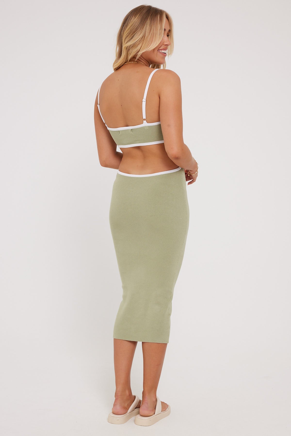 Perfect Stranger New Moon Contrast Knit Midi Dress Sage