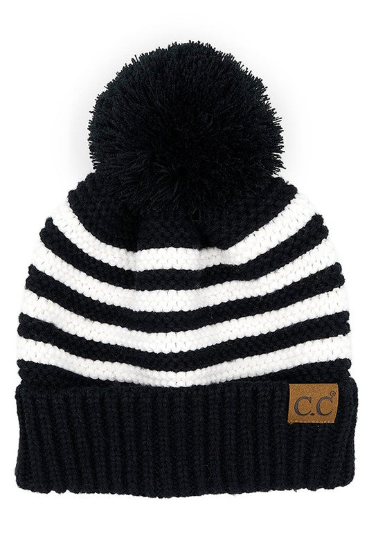 C.C. Stripe Beanie Hat with Pom