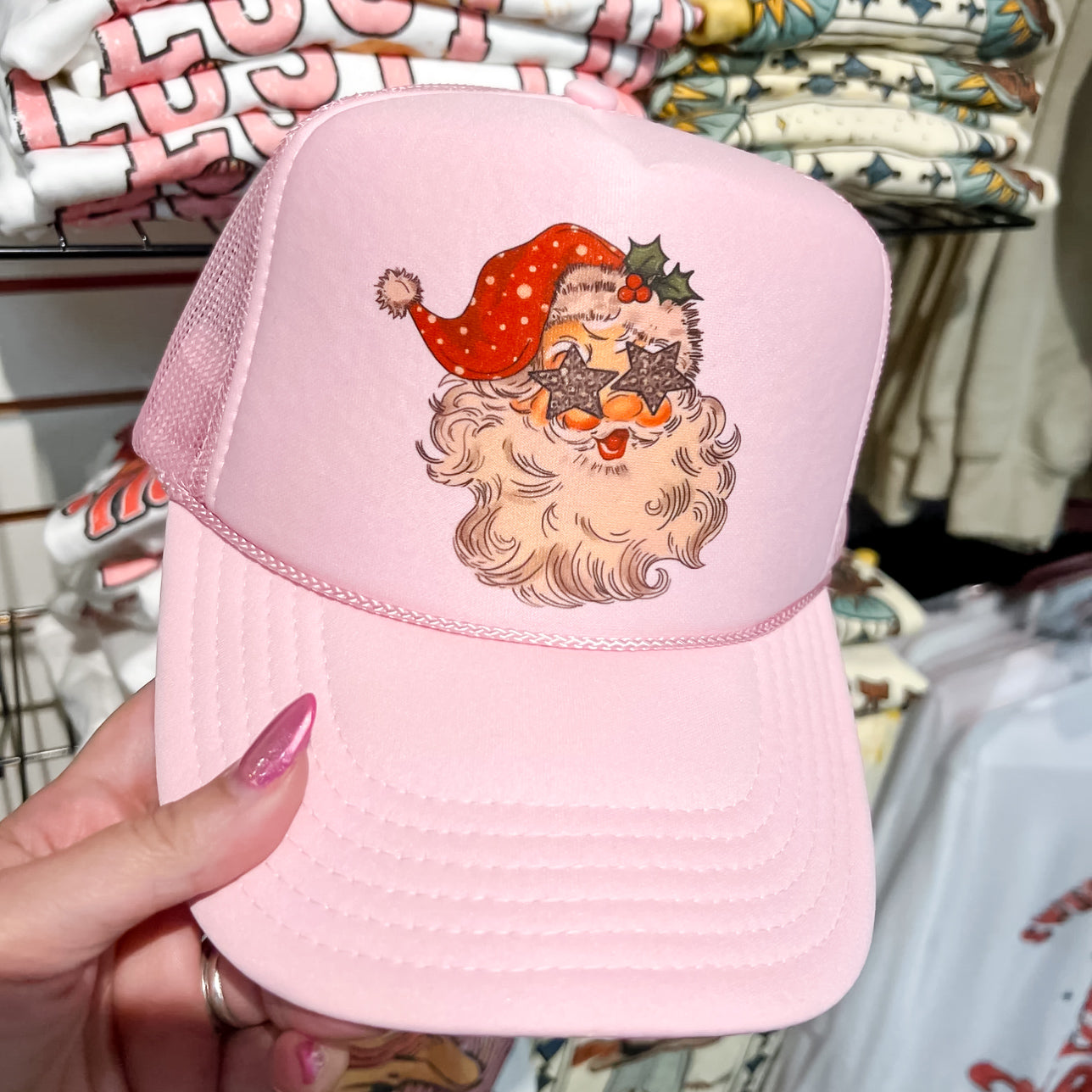 Online Exclusive | Santa with Star Eyes Foam Trucker Cap in Pink