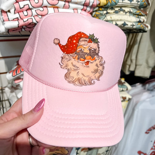 Online Exclusive | Santa with Star Eyes Foam Trucker Cap in Pink