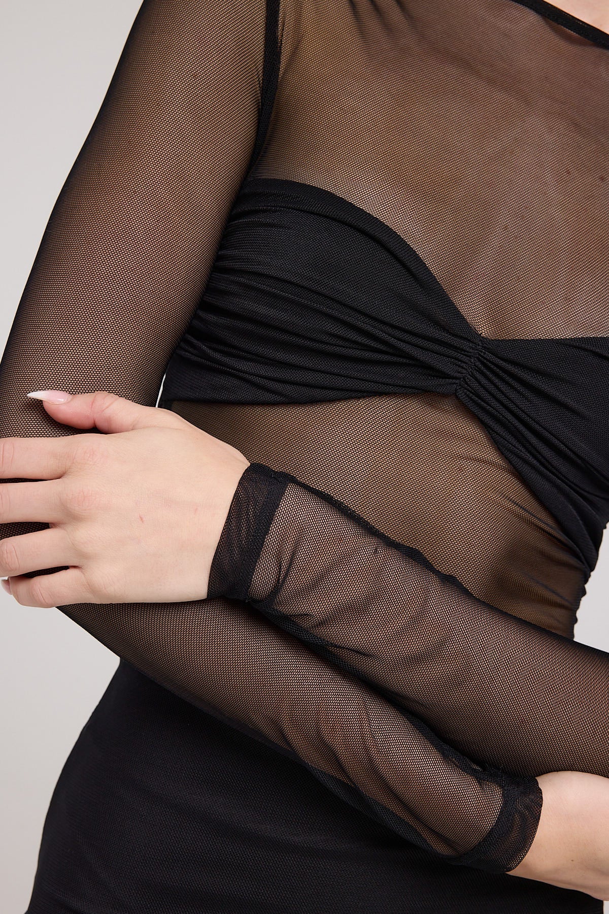 Perfect Stranger Twisted Mesh Long Sleeve Mini Dress Black