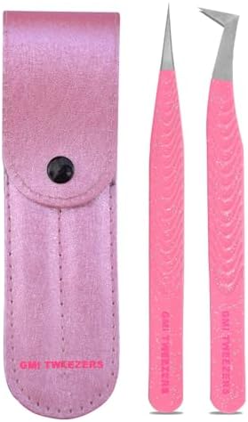 GMI Tweezers: Elegant Fiber Tip Glitter Tweezer Set in Pink – Straight and L Shape for Precision Beauty.
