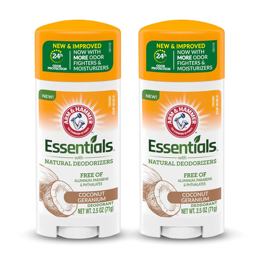 ARM & HAMMER Essentials Deodorant - Made with Natural Deodorizers - Coconut Geranium - Free From Aluminum, Parabens & Phthalates, 2.5 oz (Pack of 2)