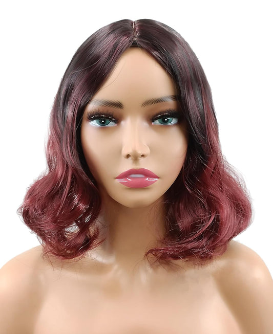 PORT&LOTUS Bob Short Wavy Wigs For White Women Mixed Synthetic Curly Heat Resistant Natural Hair for Cosplay Wine Red Wigs for Women Daily Party (Burgundy 14")