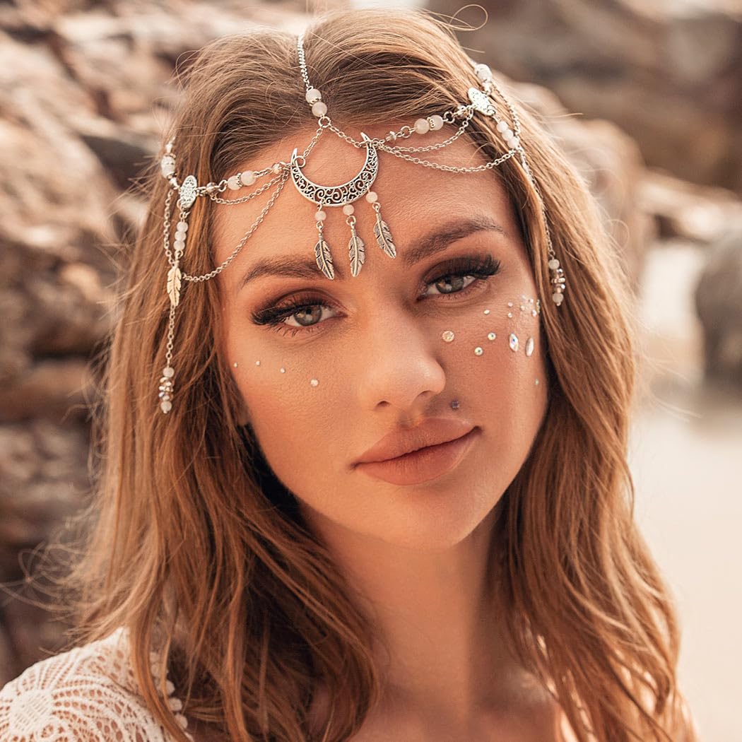 Brinie Boho Head Chain Silver Moon Hair Chain Bead Head Jewelry Tassel Chain Headpiece Bohemian Halloween Costume Hair Accessories for Women and Girls