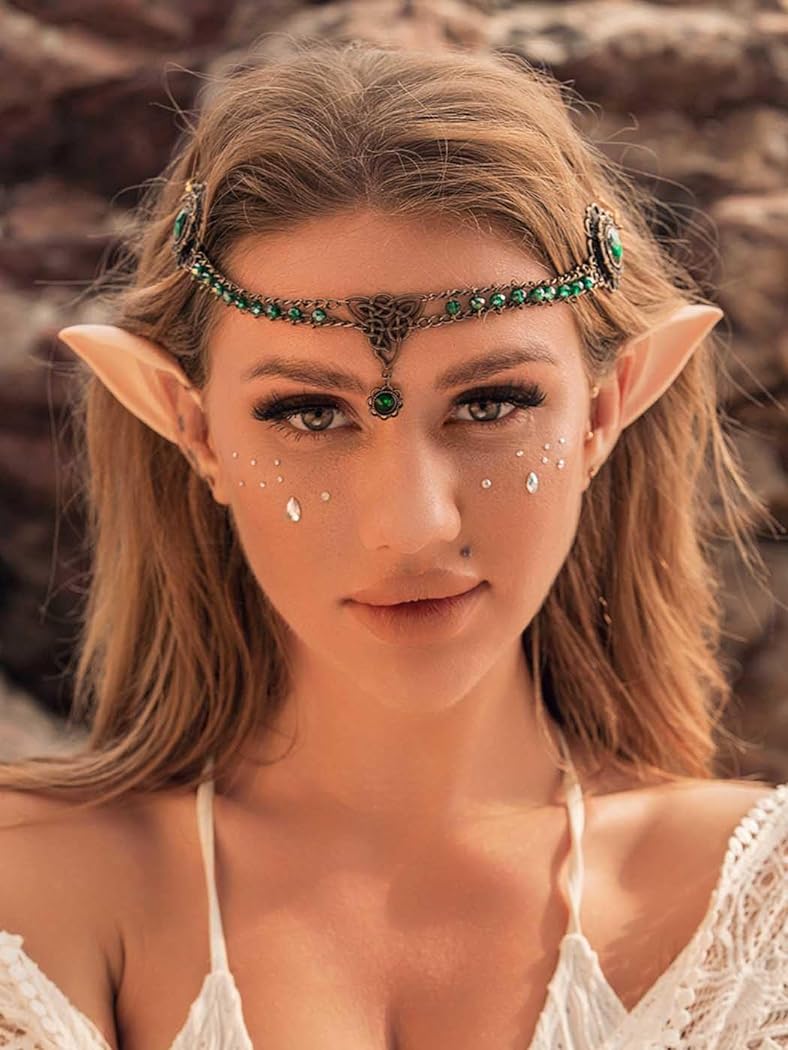 Yean Vintage Crystal Head Chain with Elf Ears Rhinestone Pendant Hair Chains Halloween Party Festival Headpiece Hair Accessories for Women and Girls (Green)