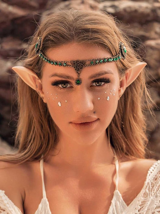 Yean Vintage Crystal Head Chain with Elf Ears Rhinestone Pendant Hair Chains Halloween Party Festival Headpiece Hair Accessories for Women and Girls (Green)