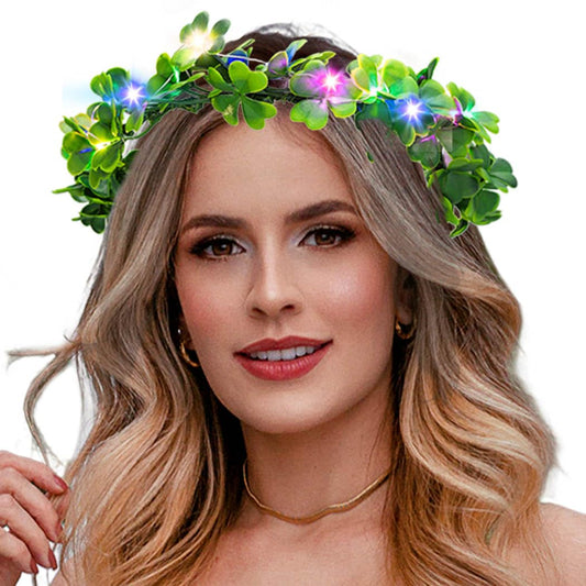 Haomye Light Up St Patricks Day Headbands Irish Shamrock Headband Led Clover Fairy Flower Crown St. Patrick's Day Hair Accessories for Women and Girl