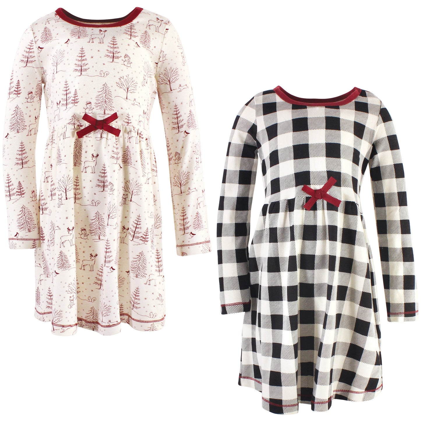 Touched by Nature Big Girls and Youth Organic Cotton Long-Sleeve Dresses 2-Pack, Winter Woodland