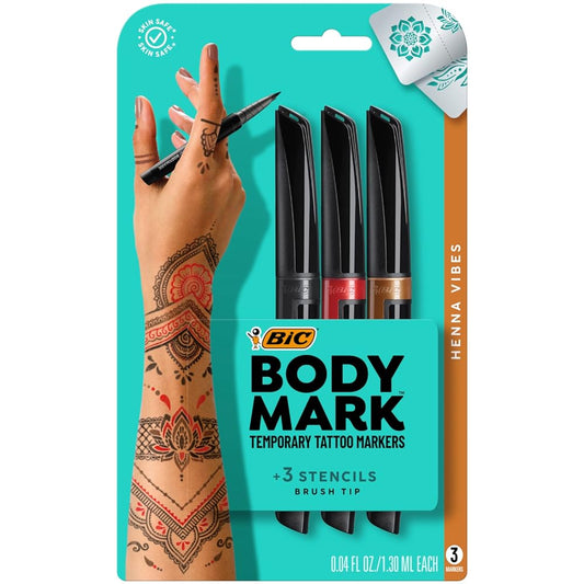 BIC BodyMark Temporary Tattoo Markers for Skin (MTBP31HN-AST), Henna Vibes, Flexible Brush Tip, 3-Count Pack of Assorted Colors, Skin-Safe*, Cosmetic Quality